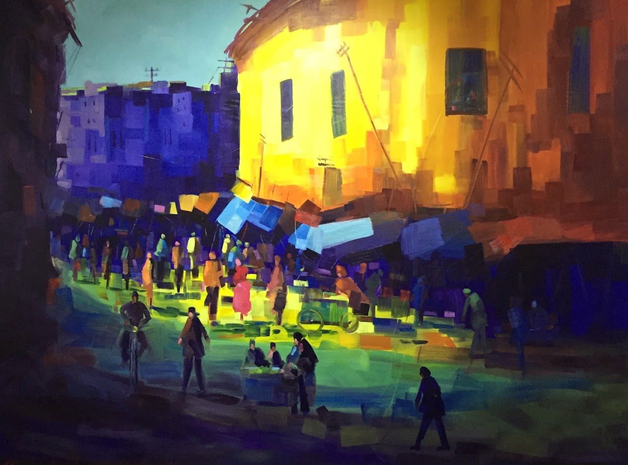 Painting of a luminous city market — from Colors of Kabul